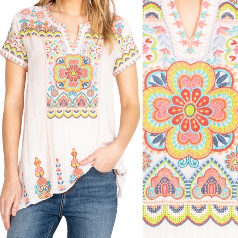 NWT Johnny Was Tamia Boho Drape Top Size XS White Embroidered Bohemian Tunic NEW